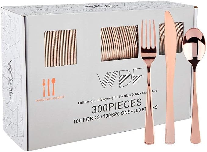 300 Pieces Rose Gold Plastic Silverware- Disposable Flatware Set - Heavy Duty Plastic Cutlery Includes 100 Forks, 100 Spoons, 100 Knives Perfect for Wedding/Party/Birthday
