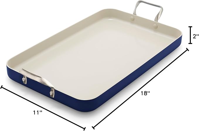 GreenPan 18" x 11" Double Burner Griddle Pan, Hard Anodized Healthy Ceramic Nonstick PFAS-Free, Stainless Steel Handles, Stovetop Cooking, Dishwasher Safe, Oven & Broiler Safe Cookware, Oxford Blue