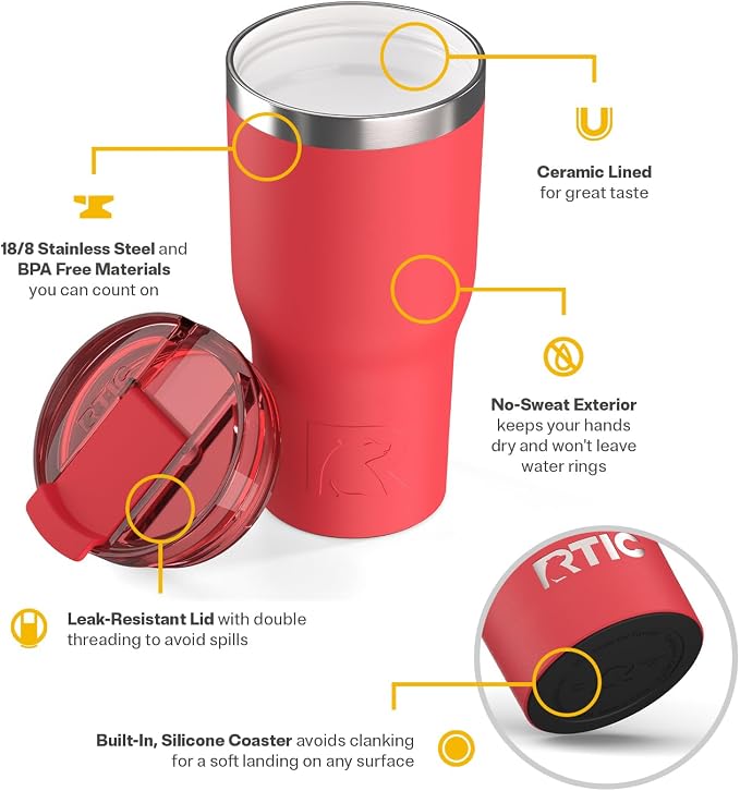 RTIC 20oz Essential Tumbler with Lid, Ceramic Lined, Flag Red | Insulated, Stainless Steel Metal, Portable Travel Cup for Hot and Cold Drinks, Coffee, Car, Camping and Travel