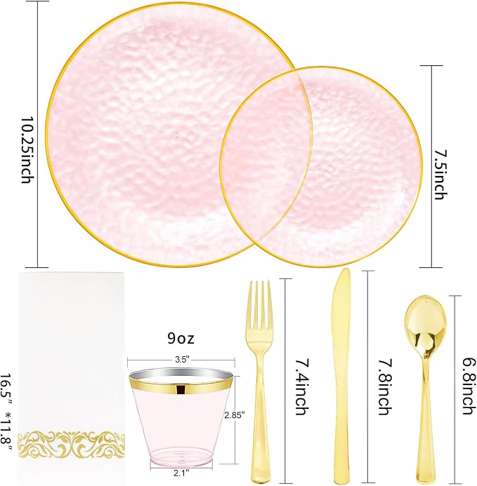 DaYammi 175PCS Clear Pink Plastic Dinnerware Set for 25 Guests, Hammered Disposable Plates for Party, Include: 25 Dinner Plates, 25 Dessert Plates, 75 Gold Silverware, 25 Napkins, 25 Cups