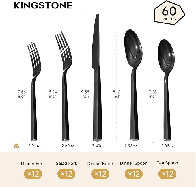 Black Silverware Set for 12, 60 Piece Flatware Set, Stainless Steel | Square Handles, Mirror Polished, Dishwasher Safe, Sturdy, for Home Kitchen, Weddings, Parties & Housewarming