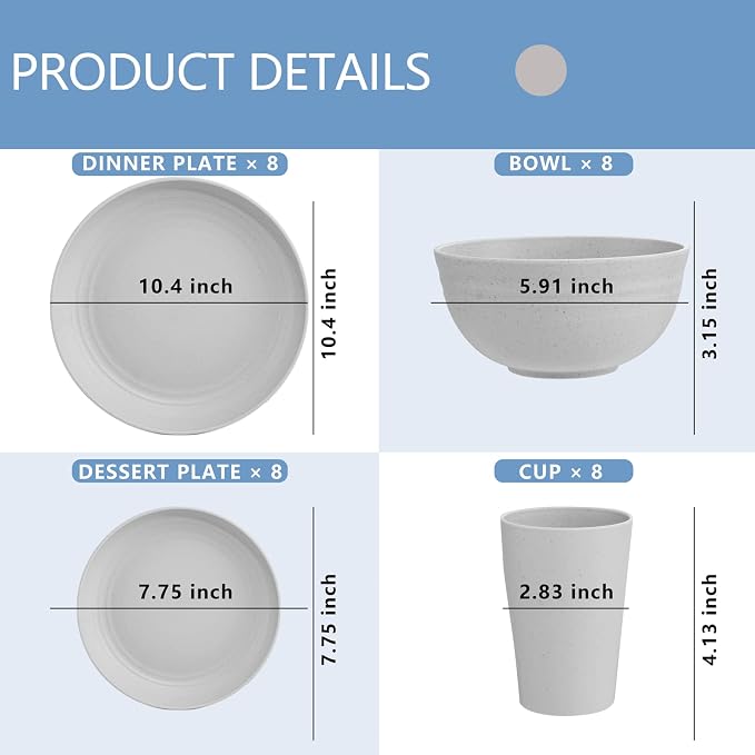 32Pcs Grey Wheat Straw Dinnerware Sets, Unbreakable Dish Set For 8 | Reusable Plastic Plate Set For Outdoor Camping And RV, Lightweight Elegant Plates For Family Daily Dining