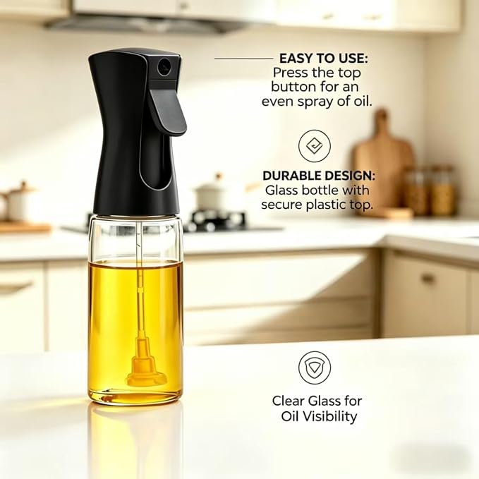 Olive Oil Sprayer for Cooking, 220ml Glass Oil Dispenser | Kitchen Gadgets, Food Grade Premium Clear Spray Bottle, for Salad, Frying, BBQ