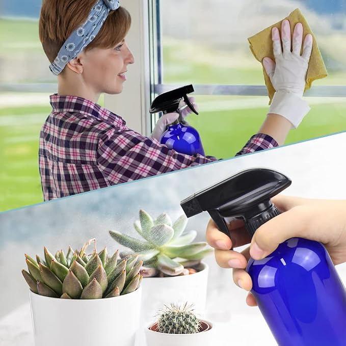Bontip Glass Spray Bottle, Blue Glass Spray Bottle Set & Accessories Refillable for Plants Window Cleaners Aromatherapy Facial Hydration Watering Flowers Hair Care (2 Pack/16 oz) (Blue)
