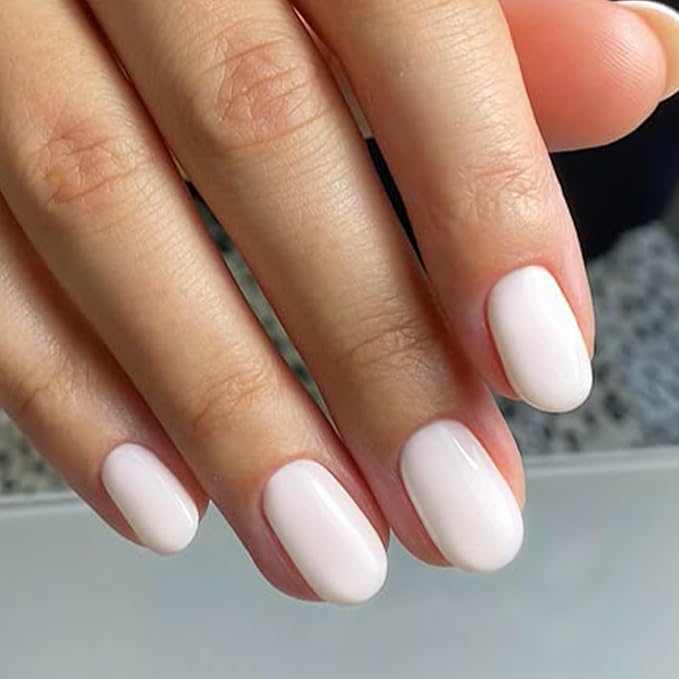 modelones Short Press on Nails, Oval Fake Nails Kit Nails Press Ons | with Nail Glue, Adhesive Tabs, Nail File, Prep Pad, Manicure Stick, 32Pcs 16 Sizes, Elegant White, Summer Women Girl Gift