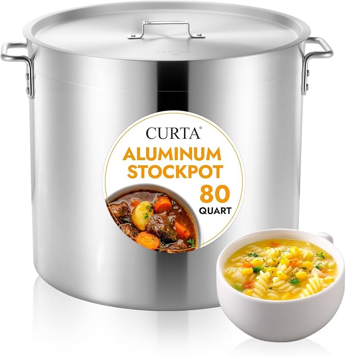 CURTA 80 Quart Aluminum Stock Pot with Lid, Heavy Duty Commercial Grade Large Capacity Cooking Pot for Boiling, Stewing, Great for Kitchen, Restaurant, Catering, and Home Use, NSF Certified