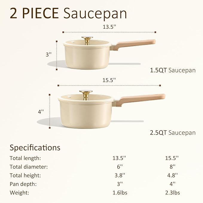 CAROTE Ceramic Nonstick 1.5Qt & 2.5Qt Sauce Pan Sets with Lid | Kitchen Non Toxic Cookware Set with Stay-cool Handle, All Stovetops Compatible, PFOA Free, Easy to Clean