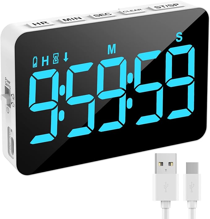 Samshow Rechargeable Digital Kitchen Timer, Ice Blue, 5 Inch | Countdown/Up, 3 Adjustable Brightness, 4 Adjustable Volume , 5" LED Display, Magnetic, For Classroom/Office/Home/Work/Game