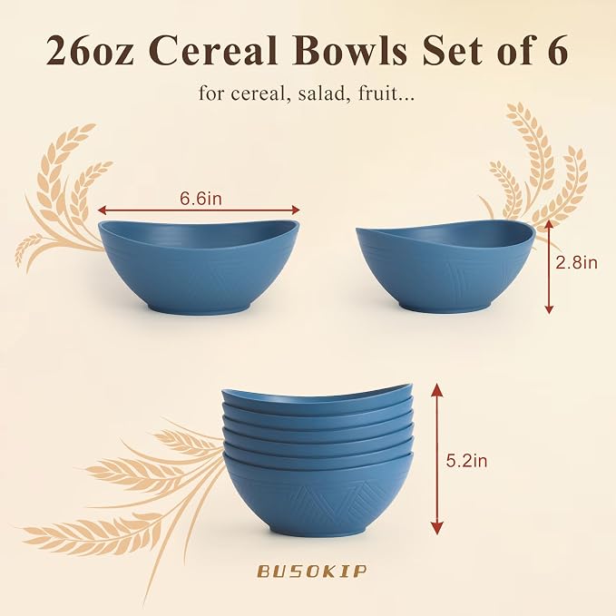 26oz Wheat Straw Bowls Sets of 6, Unbreakable & Stackable Ramen Bowl, Microwave & Dishwasher Safe Dinner Bowls for Rice, Salad, Noodle, Fruit, Kitchen Bowls for Restaurant, RV, Party - Blue