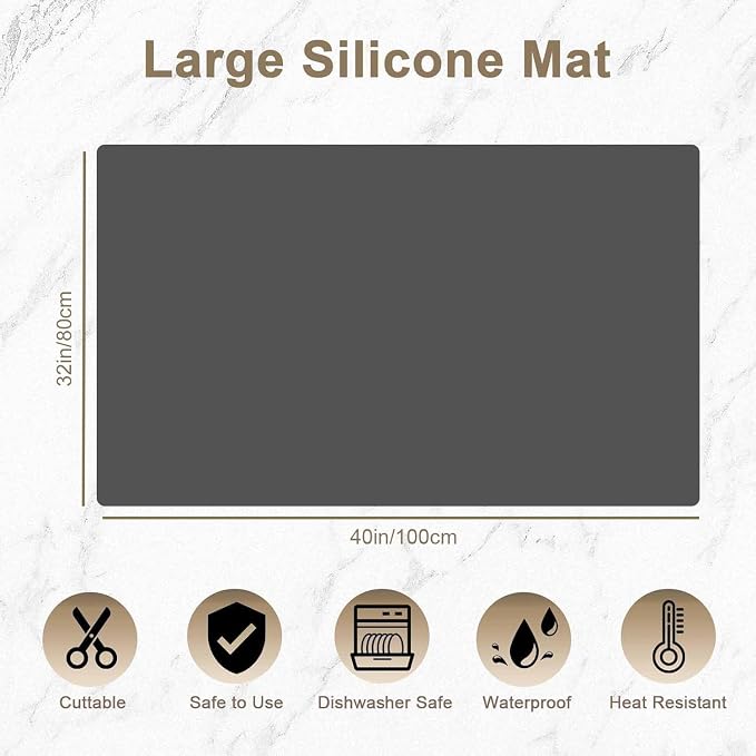 40''x32''(100cmx80cm) Silicone Kitchen Counter Mat, Extra Large Heat Resistant Non-Slip Countertop Protector, Waterproof Multipurpose Mat for Kitchen Island, Semitransparent