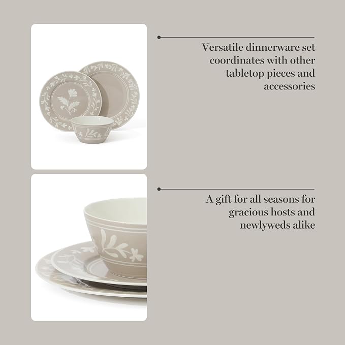 Martha Stewart Dinnerware Set - Maiden Crown 12-Piece Dish Set, Taupe – New Bone China Ceramic Plates & Bowls – Floral Design – Service for 4 – Microwave & Dishwasher Safe