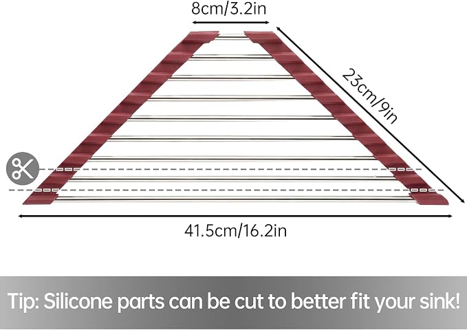 Tomorotec Triangle Roll Up Dish Drying Rack 304 Stainless Steel Wine Red | BPA-Free Food-Grade Silicone Edges Foldable Waterproof Rustproof Heavy-Duty Space Saver Heat Resistant to 550°F