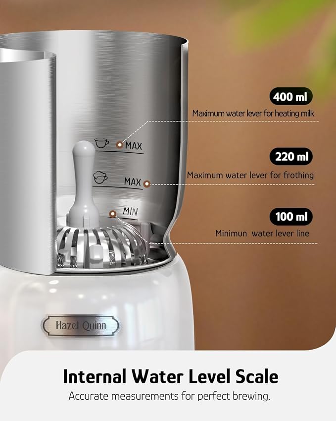 Hazel Quinn Milk Frother, Hot & Cold, Detachable Jug, 400ml, Pearl White | 5-in-1 electric milk frother and steamer, large capacity, stainless steel , dishwasher safe, for coffee/milk/hot choc