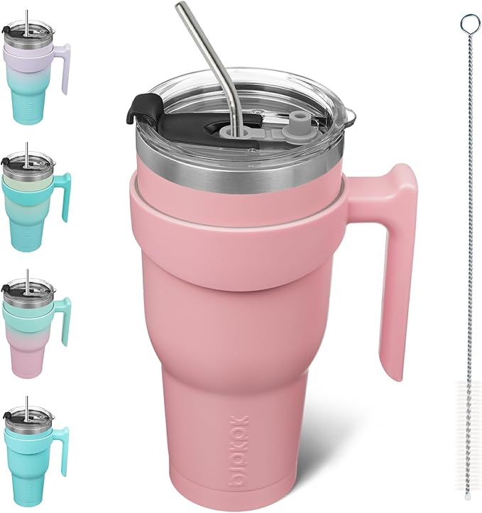 BJPKPK 40 oz Tumbler with Handle & Straw, Insulated Stainless Steel Mug | Double Wall Vacuum, Keeps Hot/Cold, Thermal Cup, BPA Free, Dishwasher Safe, Cupholder Fit, Coffee & Travel, Light Pink