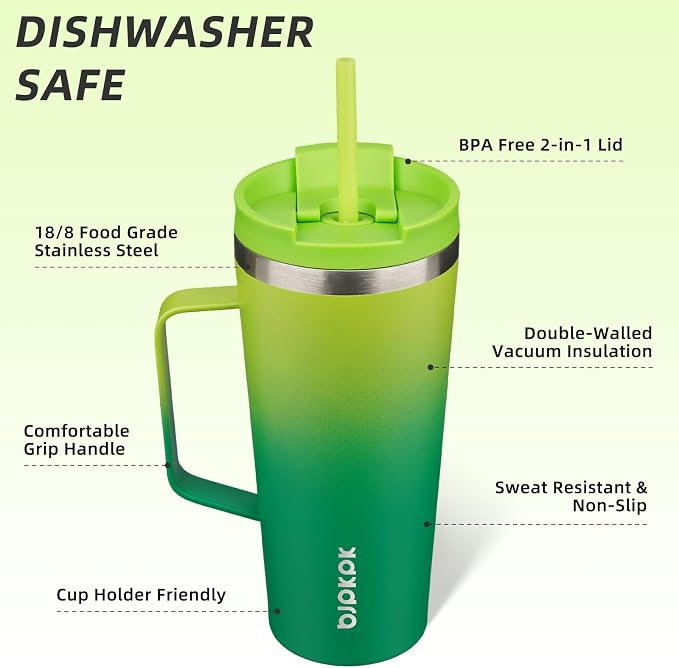BJPKPK 22oz Insulated Tumbler with Handle, Lid & Straw, Stainless Steel | Double Wall Vacuum Insulated Coffee Travel Mug - Keeps Cold & Hot, BPA Free, Cupholder Fit for Office, Gym & Travel
