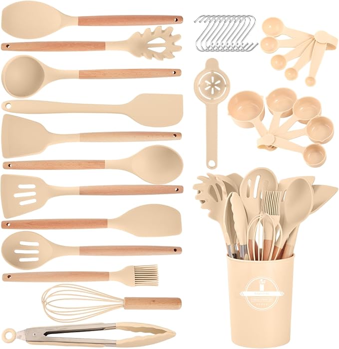 Kitchen Utensils Set - 34 PCS Non-Stick Silicone Cooking Utensils Set Spatula Set with Holder, Wooden Handle Spoon,Brush,Whisk Kitchen Gadgets Tools Set for Nonstick Cookware (Khaki-34P)