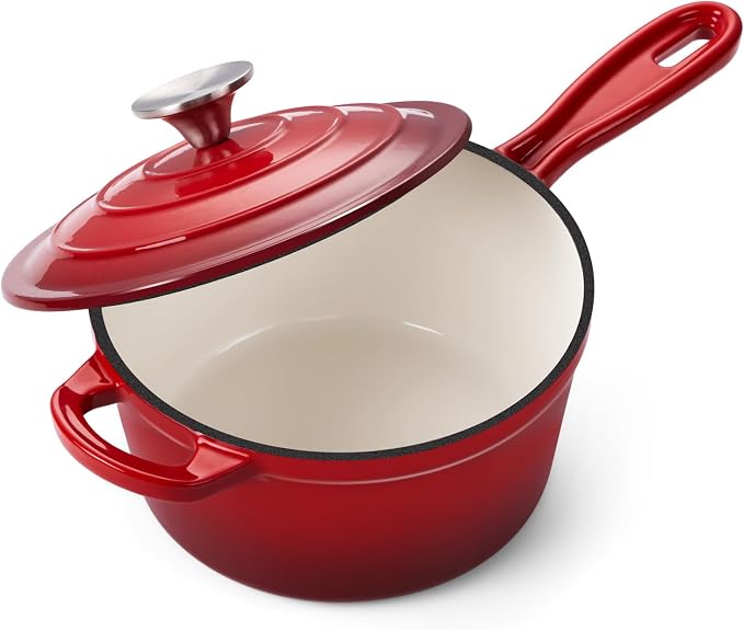 Onader 2QT Saucepan with Lid, Enameled Cast Iron Sauce Pan Pot, Small Dutch Oven Cooking Kitchen Pot, Nonstick & Heavy Duty – Red