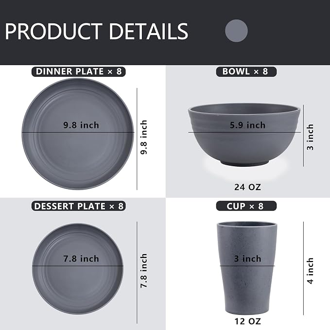 32 Pcs Dark Grey Wheat Straw Dinnerware Sets For RV And Dorm Room | Unbreakable Reusable Plastic Plates And Bowls Sets Feature Light Weight Design For Outdoor Camping And Everyday Dining
