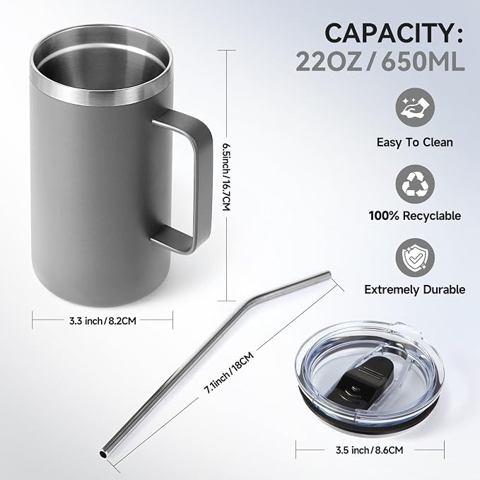 Volhoply 22oz Insulated Stainless Steel Coffee Mugs with Leakproof Lid Bulk 2 Pack,Double Wall Vacuum Travel Coffee Cup with Handle,Reusable Metal Tumbler,Camping Mug Keep Hot&Cold(Gray,2)
