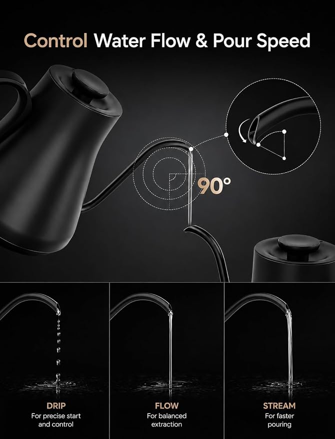 Cocinare Gooseneck Electric Kettle, ±1°F Precise Temperature Control, 1500W Fast Heating, Pour Over Coffee & Tea Kettle with Brew Timer & Keep Warm, Stainless Steel, 0.9L (Matte Black)