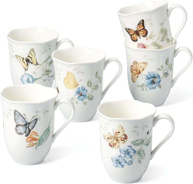 Lenox 892798 Butterfly Meadow 6-Piece Mug Set | dishwasher safe, microwave safe | floral design | coffee mug gift for coffee lovers | 12oz, gift for women