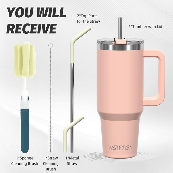 40 oz Tumbler with Handle,Tumbler with Lid and Straw,Double Wall Insulated Cup Stainless Steel Travel Mug(Cold for 34 Hours),Water Bottle for Iced Tea,Coffee,Cold Beverages(Pink)