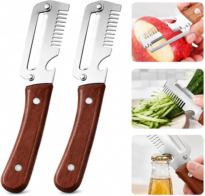 Multifunctional Vegetable Peeler,Carrot Fruit and Potato Peeler Knife, Easy-Clean Heavy Duty Stainless Steel 3-In-1 Kitchen Gadgets with Scallion Shredder and Bottle Opener, 2 Pack