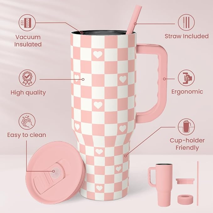 40oz Checkered and Heart Tumbler with Handle and Straw - Insulated Stainless Steel Travel Coffee Mug for Women Girls, Gift for Birthday, Christmas
