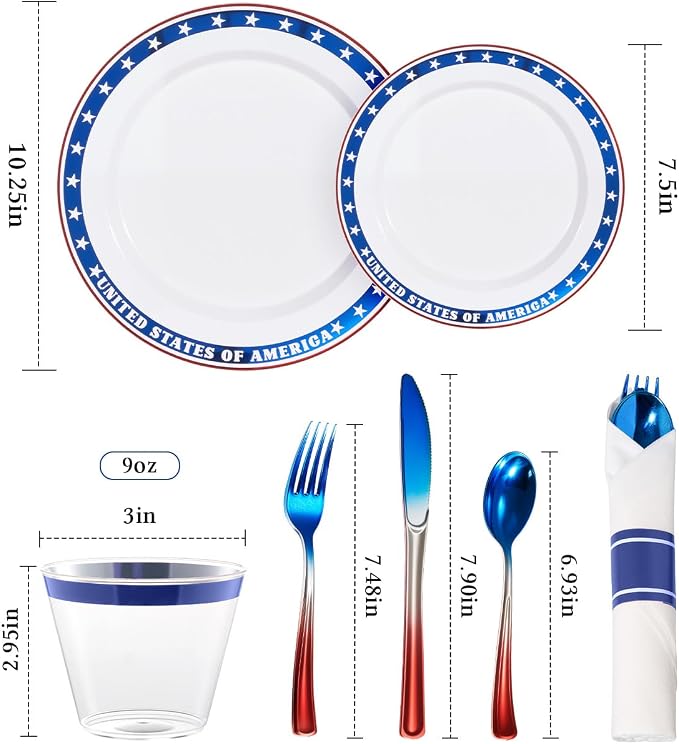 350 Piece 4th of July Blue Star Plastic Dinnerware Set | Disposable Dinnerware Includes: 100 Plates, 50 Pre Rolled Napkins with Silverware, 50 Cups