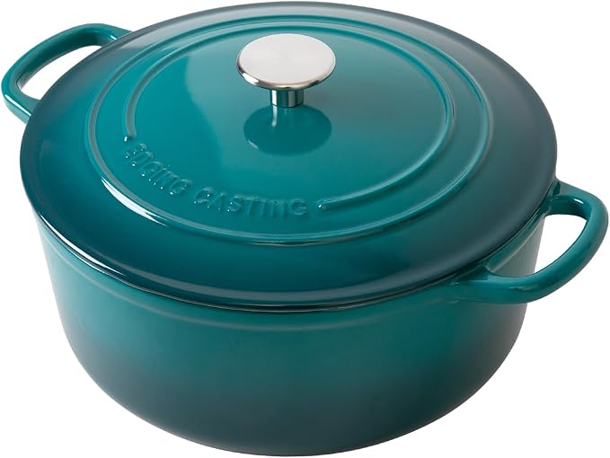 EDGING CASTING Enameled Cast Iron Dutch Oven Pot with Lid for Bread Baking, Cooking, Round Bread Oven Dual Handles, 7 Quart, Darkcyan