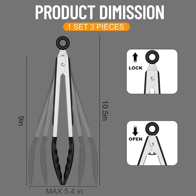 Hotec Silicone Serving Tongs for Cooking 9-Inch Kitchen Tongs with Silicone Tips, Set of 3 (Black)