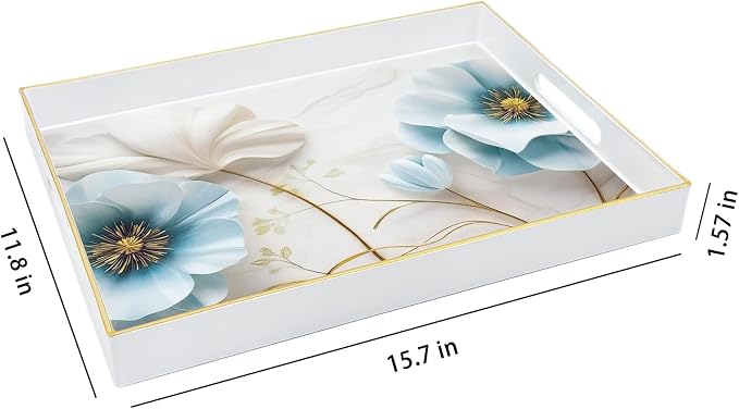 Serving Tray with Handles, 15.7 * 11.8 inches, Plastic Ottoman Tray with Exquisite Paintings, Trays for Coffee Table