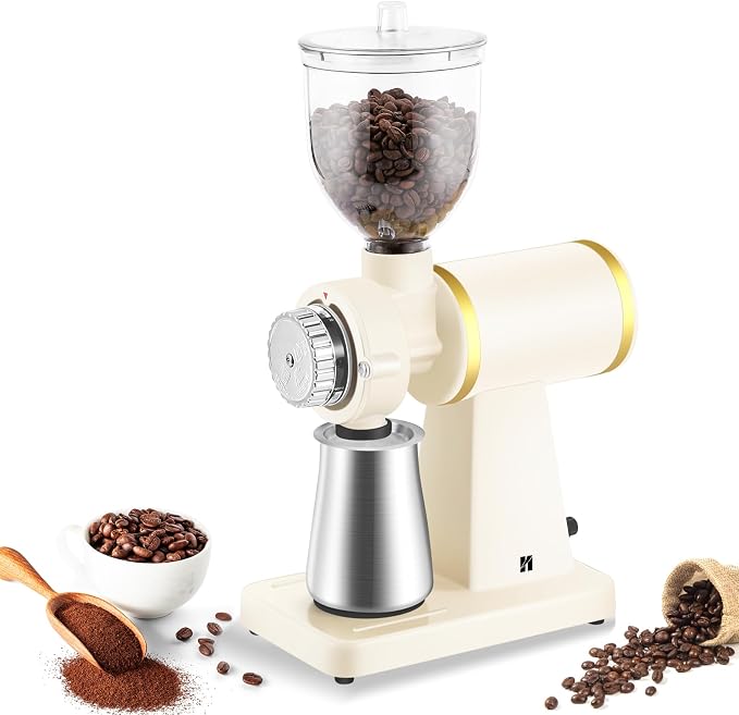 Huanyu 60mm Flat Burr Coffee Grinder, Retro Cream White for Home Cafe | Stainless steel burr, 8 precision grind settings, 250g hopper, magnetic anti-splash outlet, sifting cup, for home cafe, 200w