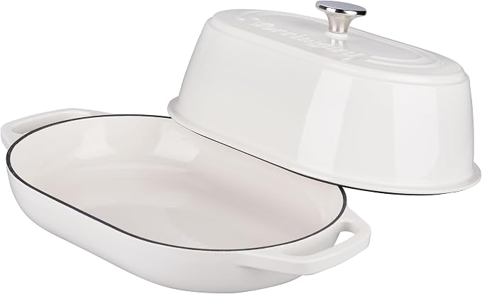 Enameled Cast Iron Dutch Oven Pot with Dome Lid, Oval Bread Oven for Homemade Sourdough Bread Baking, Oven Safe up to 500°F, 6 Quart, White