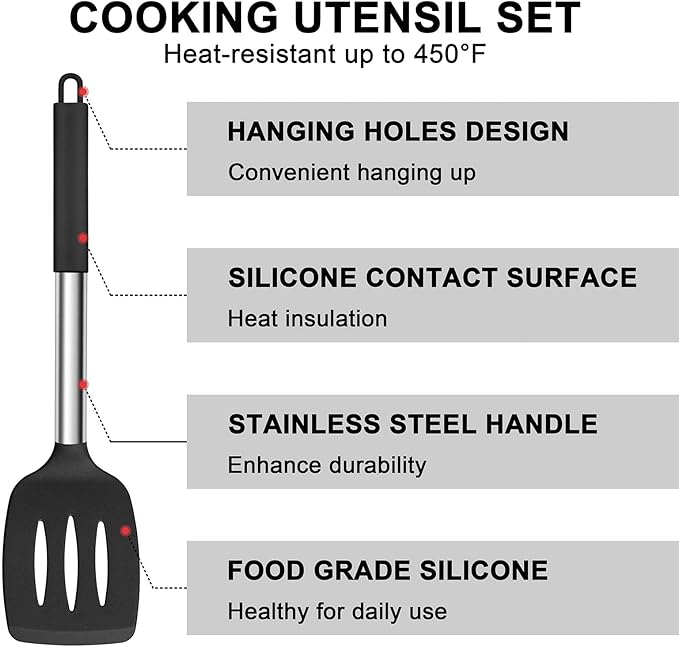 E-far Silicone Cooking Utensils Set, 7-Piece Black Kitchen Utensils Set | Heat Resistant Nonstick Cookware with Stainless Steel Handle, Slotted Turner, Spoon, Soup Ladle, Pasta Server, Skimmer, Tongs