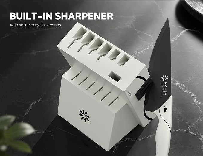ASETY Kitchen Knife Set with Block 15 PCS, Dishwasher Safe Kitchen Knives | Ultra Sharp Knife block Set, High-carbon Stainless Steel, Chef Knife Set with Built-in Sharpener, Ergonomic handles, Ivory
