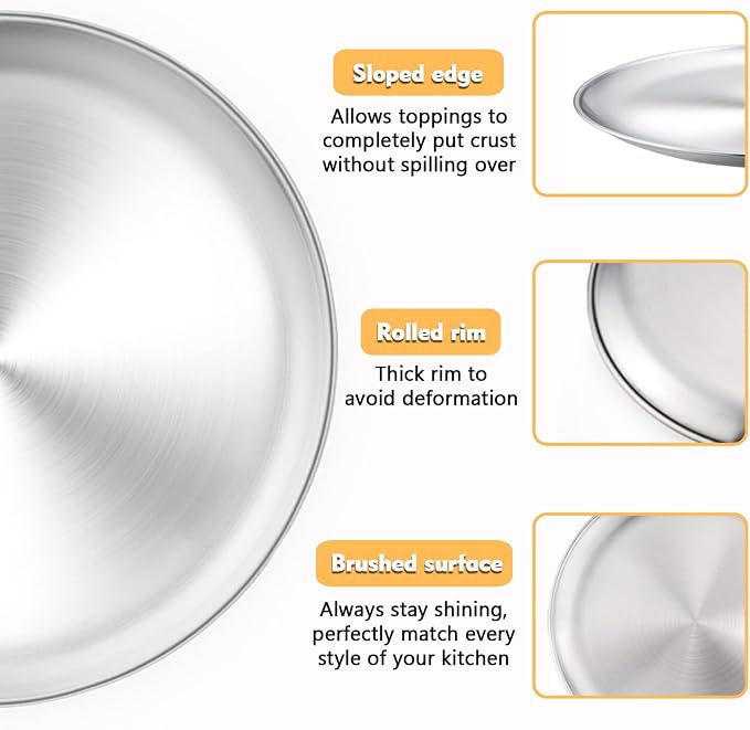 P&P CHEF Pizza Pan Set of 2, 13.5 Inch Stainless Steel Pizza Tray, Silver | 2 Pieces Round Pizzas Plate for Pie Cookie Cake, Good For Baking Cooking Roasting, Non Toxic & Heavy Duty, Dishwasher Safe