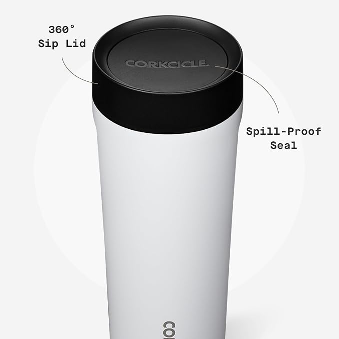 Corkcicle Commuter Cup Travel Mug - Insulated Coffee Mug with Lid - Keeps Drinks Cold 18 Hours - 360° Spill-Proof Sip Lid - Holiday Gift - Great for Gifting Warmth - 17 oz - Gloss White