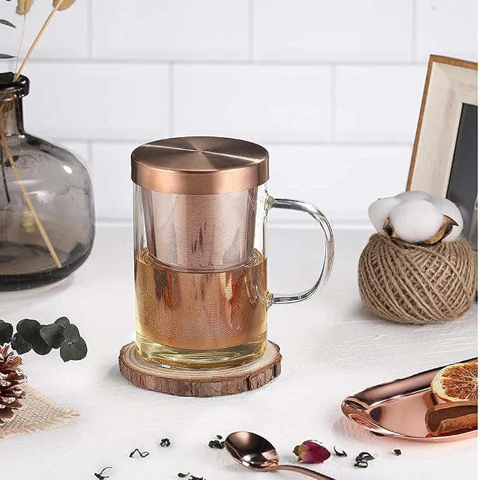 ecooe Tea Infuser Mug 16.9oz Glass Tea Cup with Removable Stainless Steel Infuser and Lid, Clear Glass Tea Cup 500ml Teacup for Loose Leaf Tea, Birthday for Parents Dad Mum Friends (Bronze) | 500ml, Clear Glass Tea Cup, with Stainless Steel Infuser/Lid...