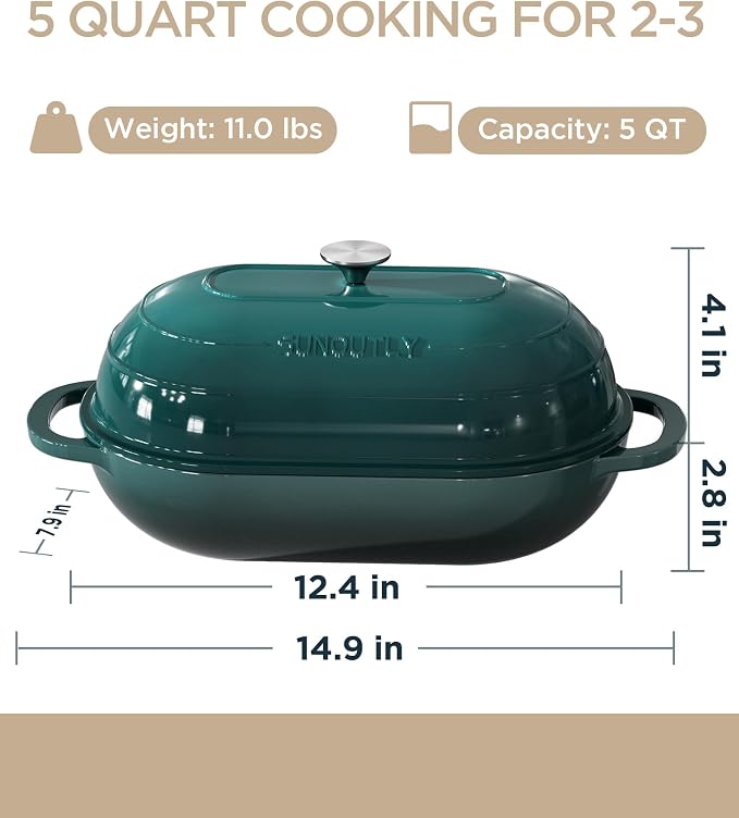 Enameled Cast Iron Bread Oven, 5QT Cast Iron Dutch Oven for Homemade Sourdough Bread Baking, Oval Bread Pot with Dome Lid & Cotton Potholders, Bottle Green