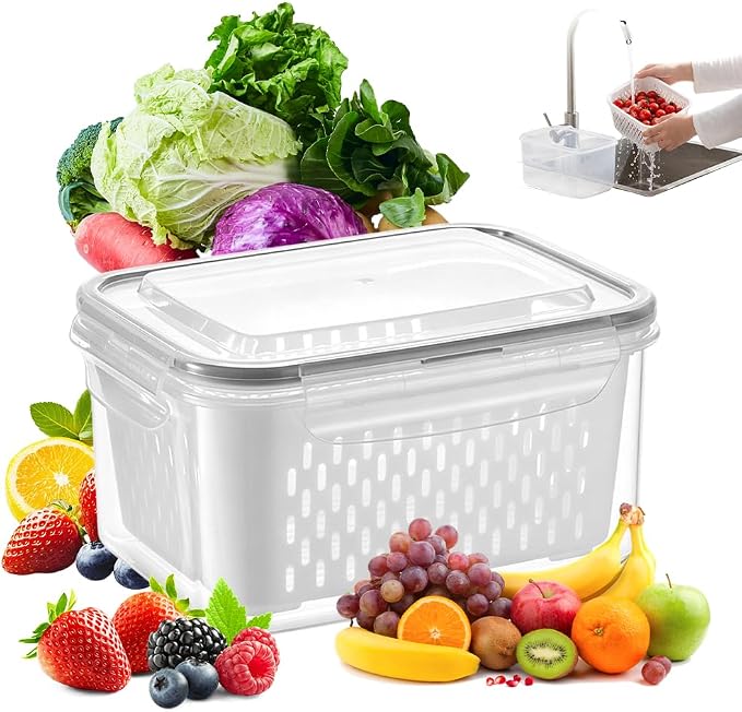 Fruit Storage Containers for Fridge, Leakproof Produce Containers with Colanders & Lids, Refrigerator Organizers and Storage for Berry Vegetable Salad Lettuce Meat Food, Gray, S