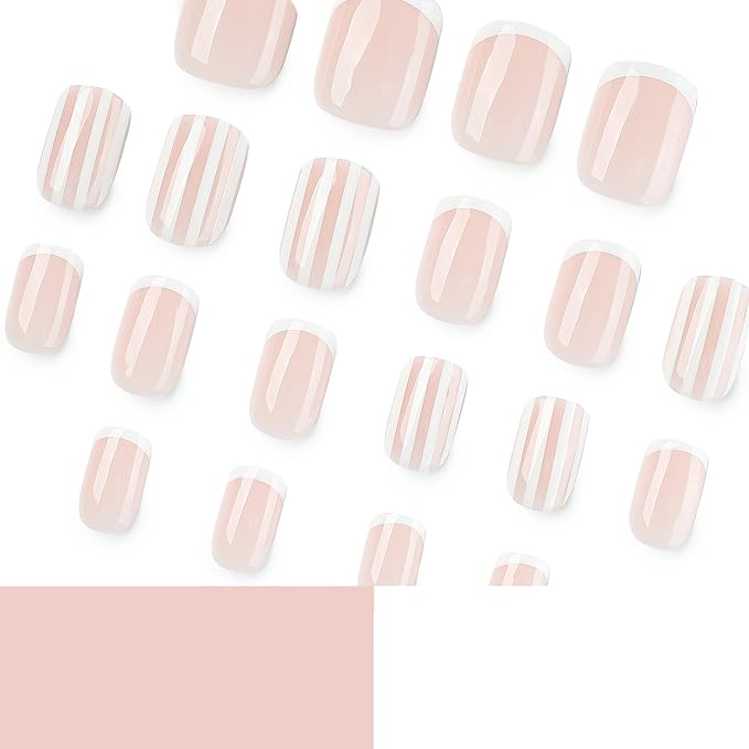Short Square Fake Nails French Press on Nails with White Stripe Designs | Nude Full Cover False Nails Acrylic Nails Press Ons Glossy Stick On Nail Reusable Glue On Nail For Women 24Pcs