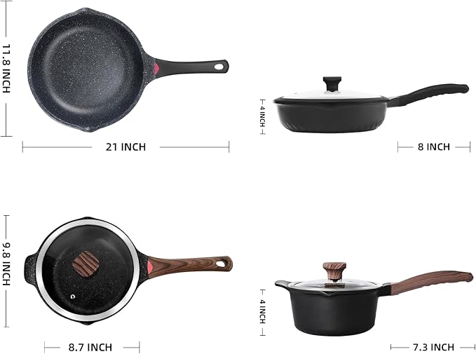 Vinchef 4QT Sauce Pan & 12.5IN Skillet Set with Lids, Nonstick,Black | Scratch-resistant PFAS-free nonstick, dishwasher-safe, induction-ready, stay-cool handles