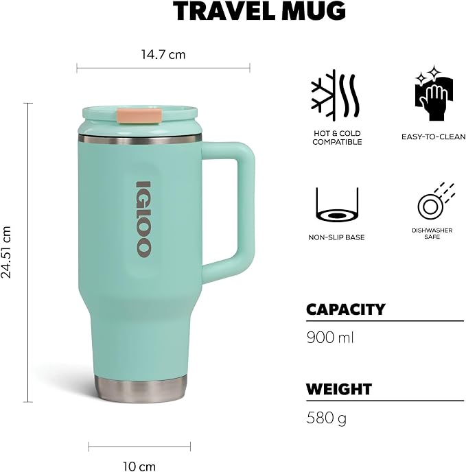 Igloo, 32 oz Tumbler with Handle, Reusable Travel Mug, Stainless Steel Insulated Hydration Cup for Hot & Cold Beverages, Seafoam