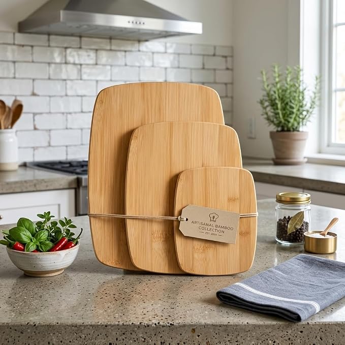 Bamboo Cutting Board Set for Kitchen - 3 Piece Reversible Wooden Cutting Boards, Wood Chopping Boards for Meat, Bread, Fruit, Cheese, Meal Prep, Wood Board and Charcuterie Serving Boards by Bambusi