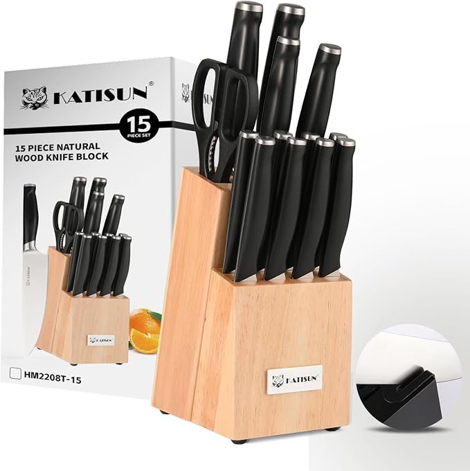 15-Piece ABS Handle Knife Set with Natural Block | ABS Ergonomic Handles For Kitchen Chef Blades & Serrated Steak Knives. Includes Built-In Sharpener Rod & Shears