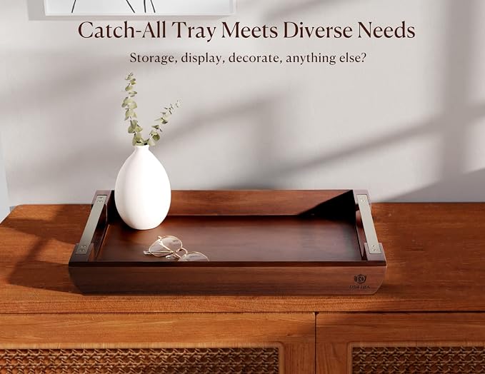 Acacia Wood Serving Tray with Metal Handle, 17x13in Tray for Ottoman | Decorative Food & Drink Tray for Coffee Table, Breakfast, Dinner, BBQ, Party, Lap, Couch, Rustic Home Decor, Elegant Gift Box