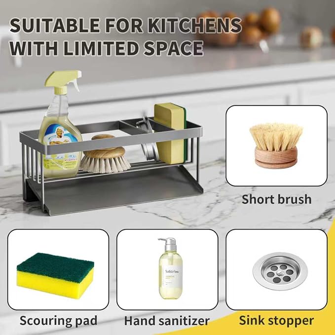 Kitchen Sink Caddy Organizer for Kitchen Countertop Organizers Grey | 304 Stainless Steel, Removable Drip Tray, Home Decor Accessories