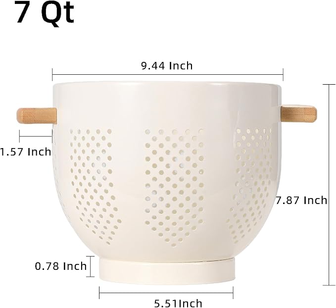 Metal Colander with Wood Handle and Stable Base, Powder Coated Steel Kitchen Strainer Basket for Draining Pasta, Vegetable and fruit (7quart,Cream)