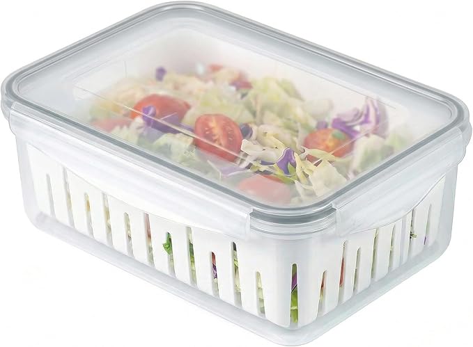 8.5 Cup Produce Saver Container for Fridge with Colander - 2.0L | Airtight Fruit & Vegetable Storage Bin, Removable Strainer Basket, BPA-Free, Stackable, White Colander
